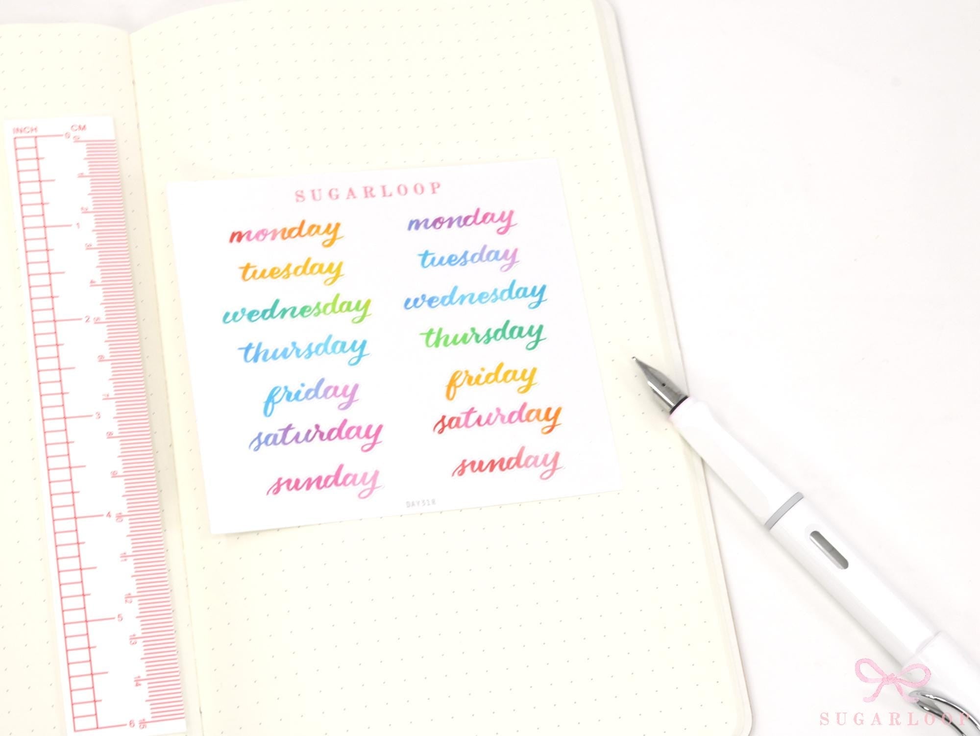 Days of The Week Watercolor Script Bujo Planner Stickers: 1in (25 mm) 1.5in (38 mm) Wide