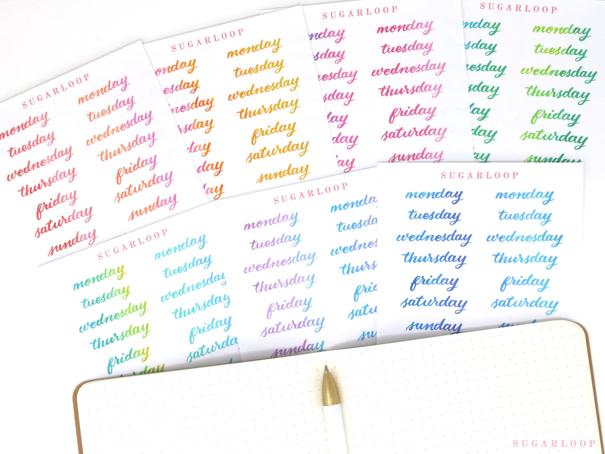 Bundle - Days of The Week Watercolor Script Bujo Planner Stickers: 1in (25 mm) 1.5in (38 mm) Wide