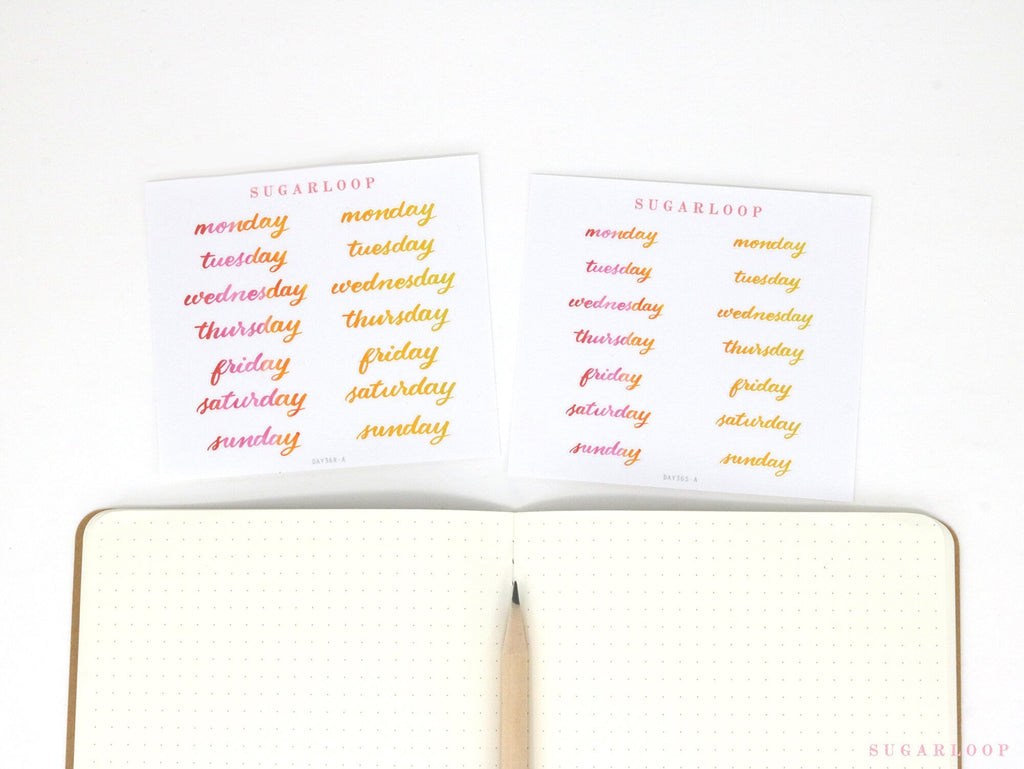 Bundle - Days of The Week Watercolor Script Bujo Planner Stickers: 1in (25 mm) 1.5in (38 mm) Wide