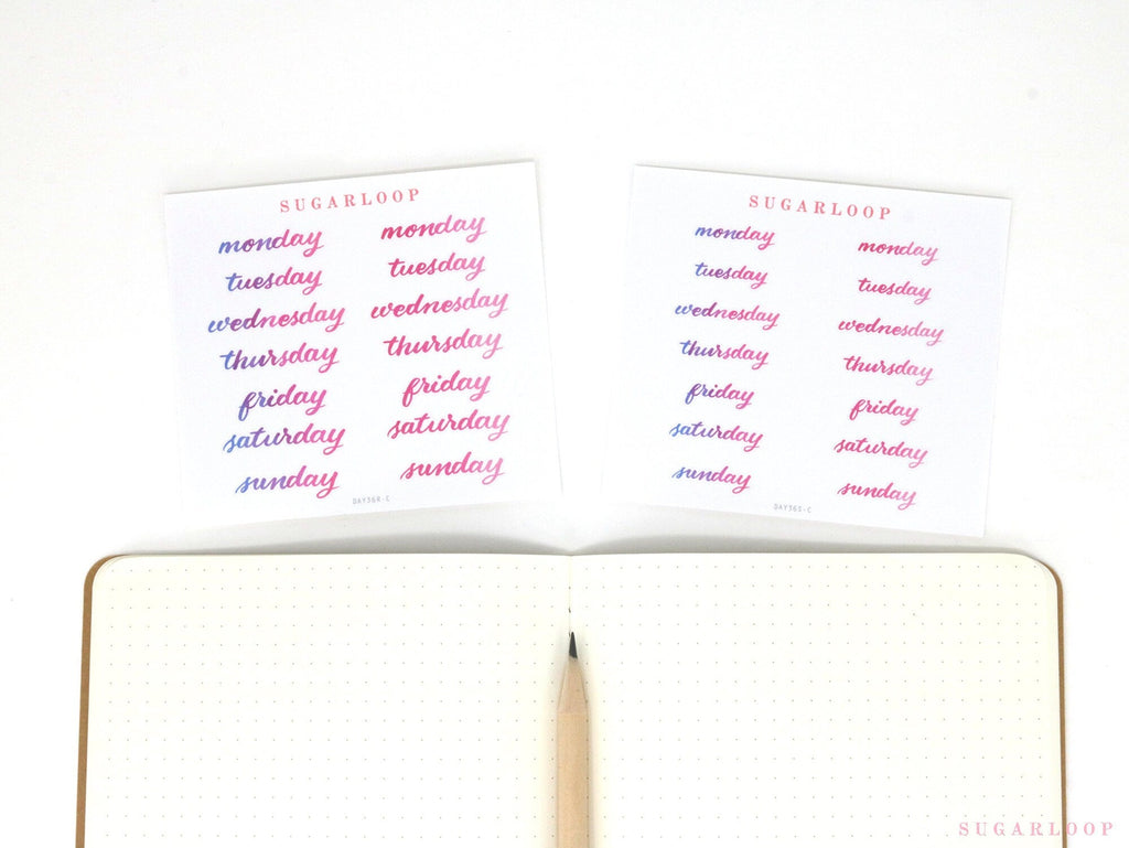 Bundle - Days of The Week Watercolor Script Bujo Planner Stickers: 1in (25 mm) 1.5in (38 mm) Wide