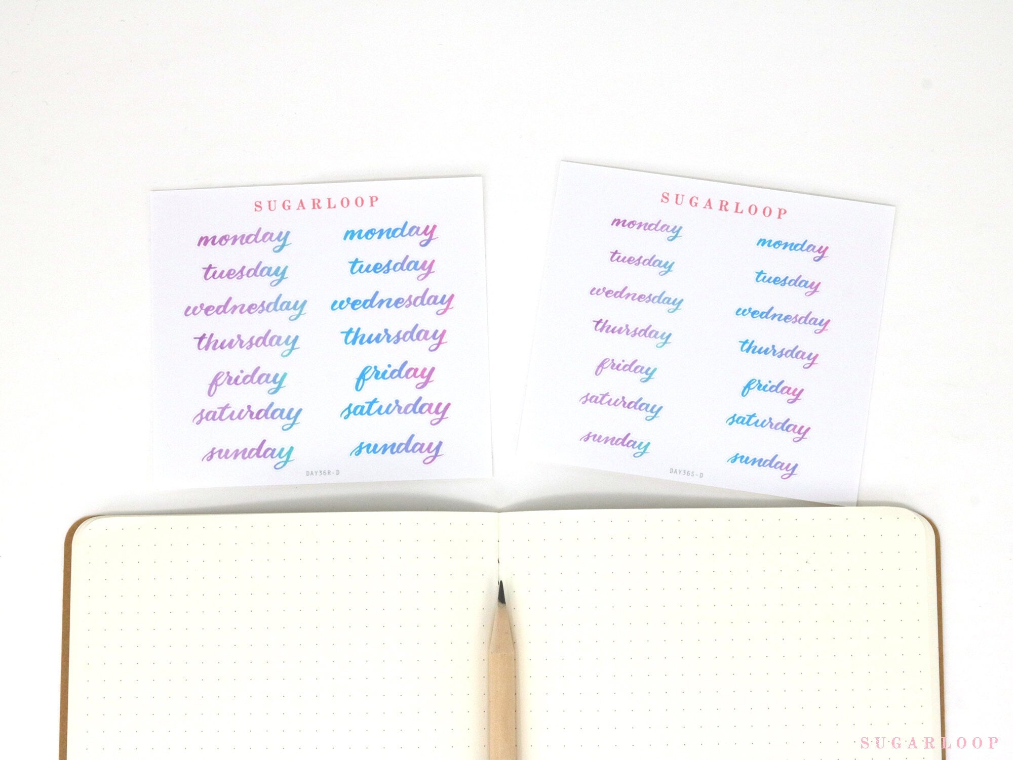 Bundle - Days of The Week Watercolor Script Bujo Planner Stickers: 1in (25 mm) 1.5in (38 mm) Wide