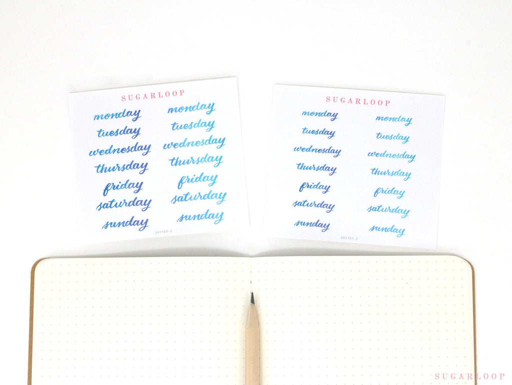 Bundle - Days of The Week Watercolor Script Bujo Planner Stickers: 1in (25 mm) 1.5in (38 mm) Wide