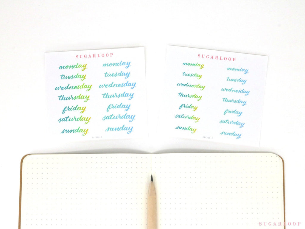 Bundle - Days of The Week Watercolor Script Bujo Planner Stickers: 1in (25 mm) 1.5in (38 mm) Wide
