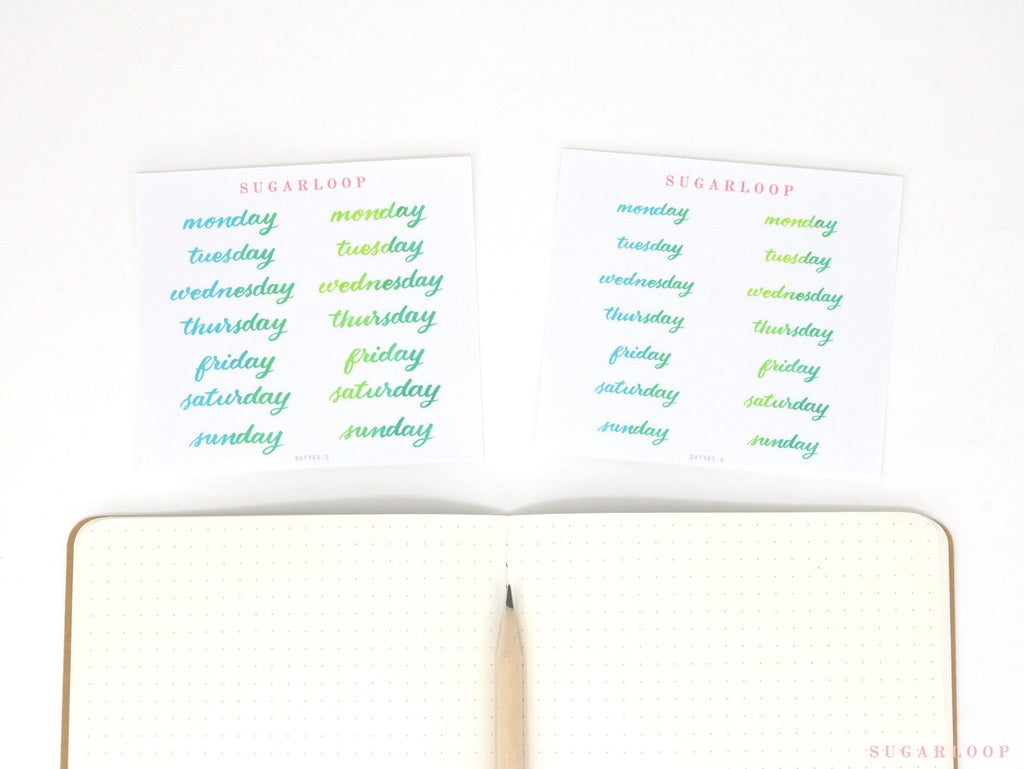 Bundle - Days of The Week Watercolor Script Bujo Planner Stickers: 1in (25 mm) 1.5in (38 mm) Wide