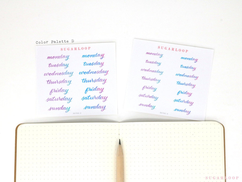 Watercolor Days Of The Week Bujo Planner Stickers: 1.25in (31mm) & 1.5in (40 mm)