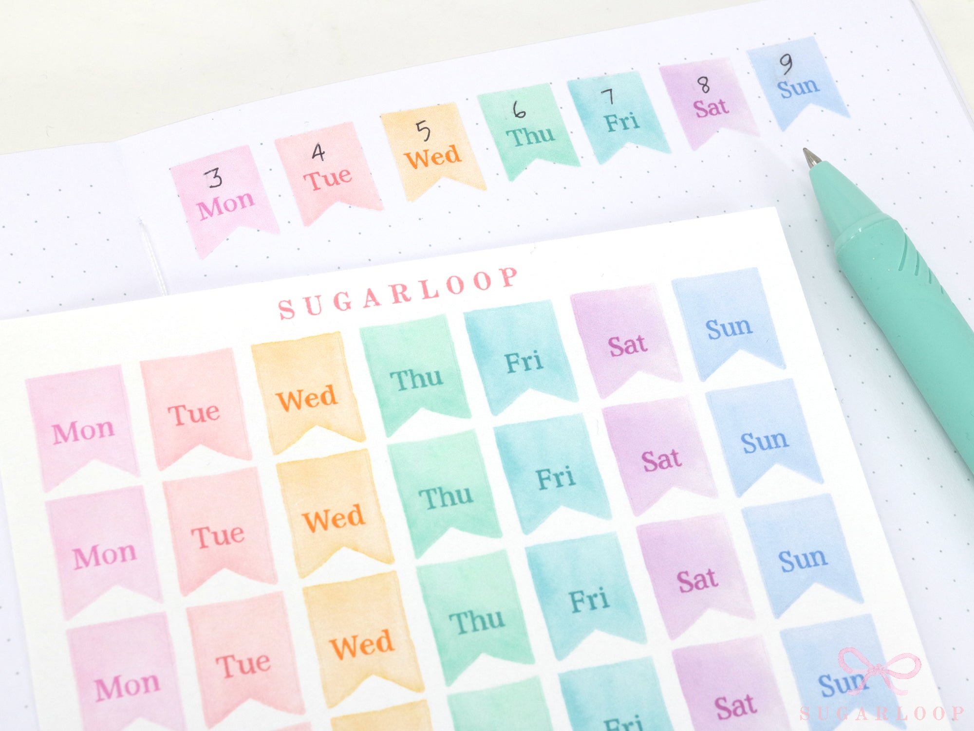 Watercolor Flag Days of The Week Planner and Journal Stickers: Hand lettered