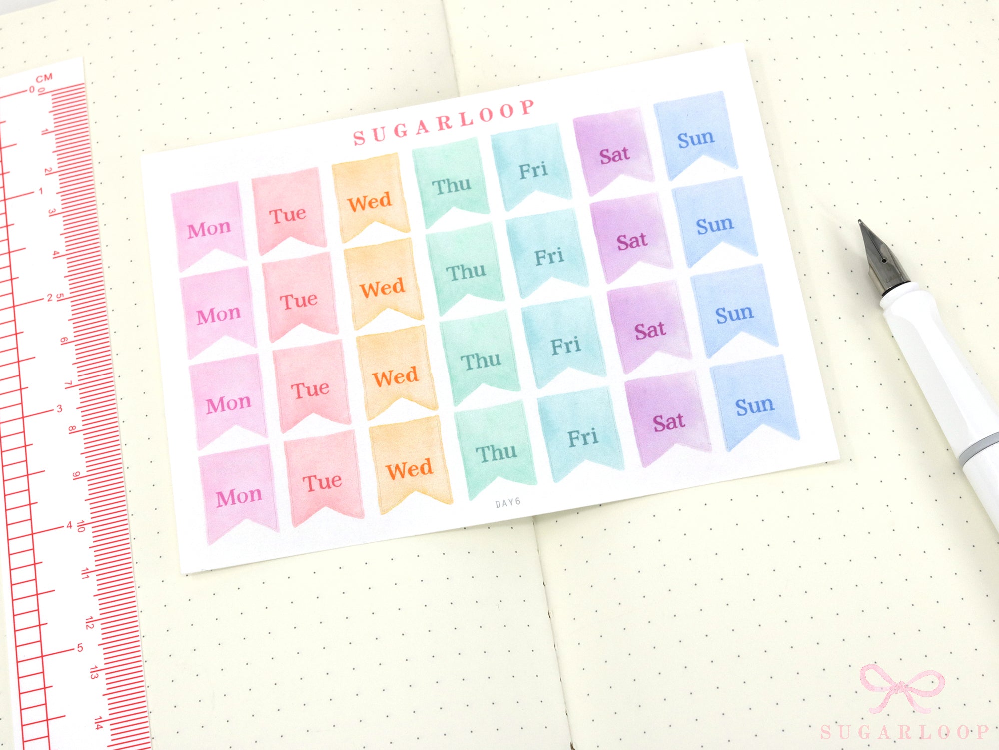 Watercolor Flag Days of The Week Planner and Journal Stickers: Hand lettered