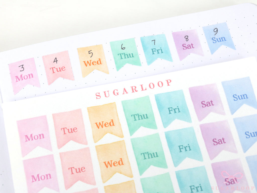 Watercolor Flag Days of The Week Planner and Journal Stickers: Hand lettered