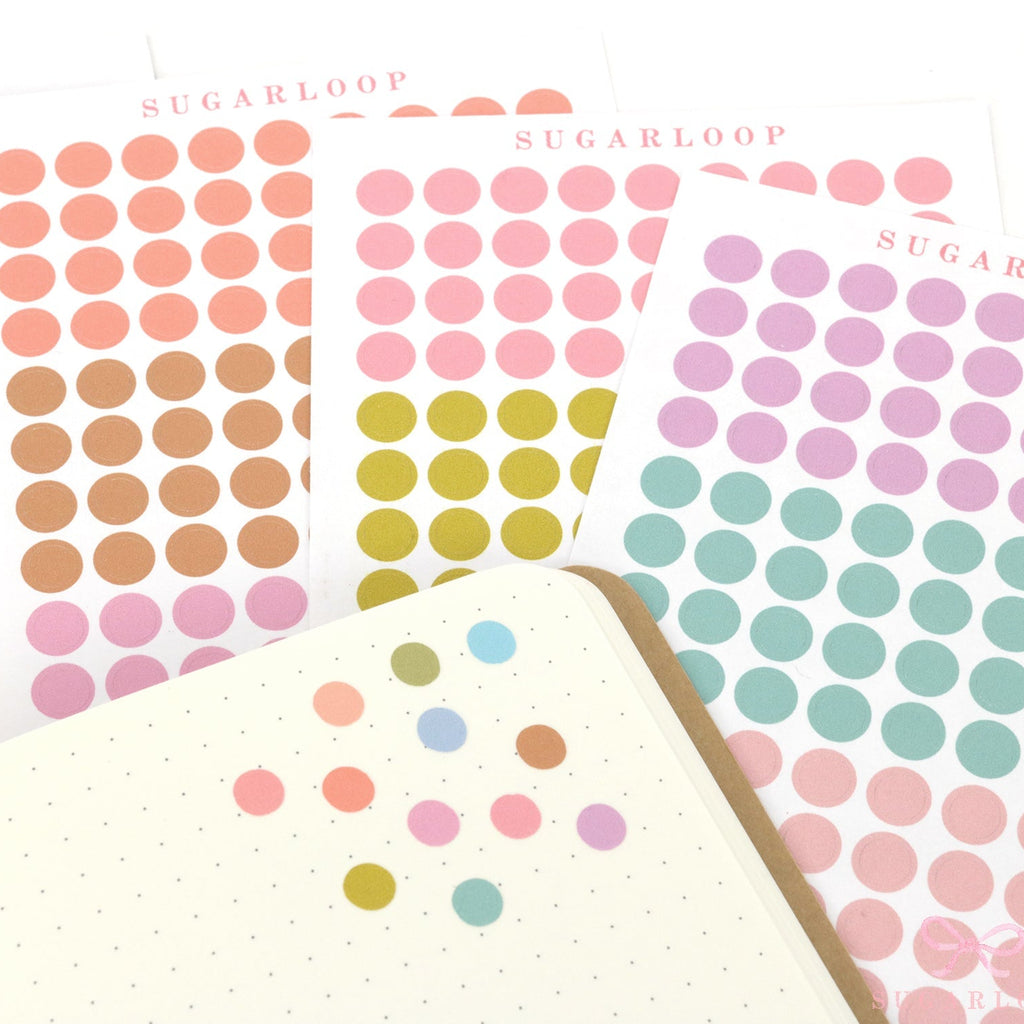 Set of colorful dot stickers with 'SUGARLOOP' branding on a white background.