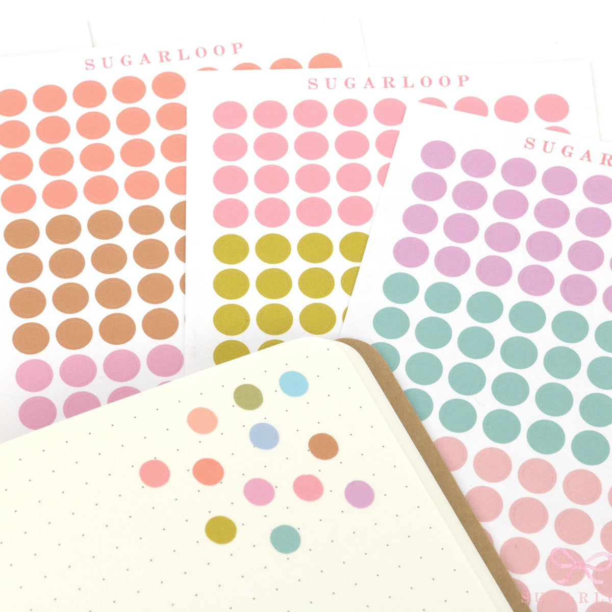 Set of colorful dot stickers with 'SUGARLOOP' branding on a white background.