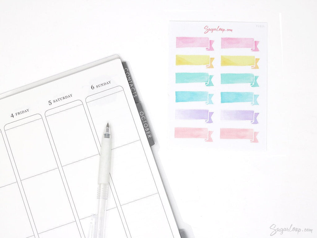 Watercolor Header Banner Flag Stickers for Journals & Planners: Pastel
