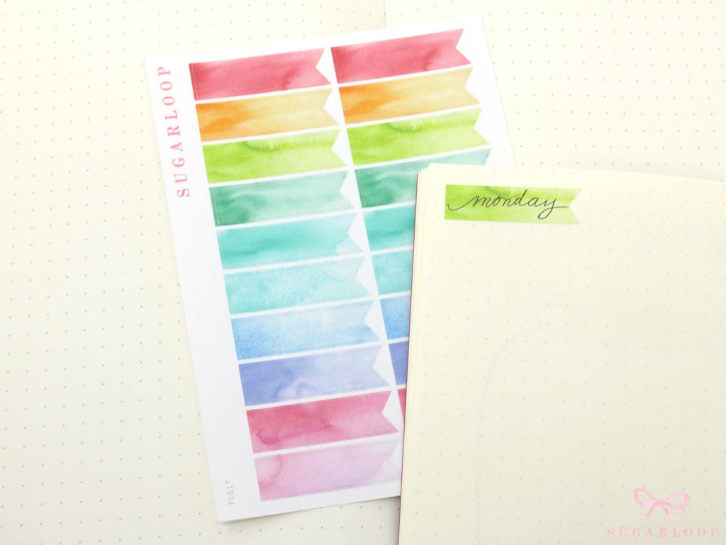 Watercolor Banner Flag Label Planner & Bujo Stickers: 0.5in (12 mm) Tall