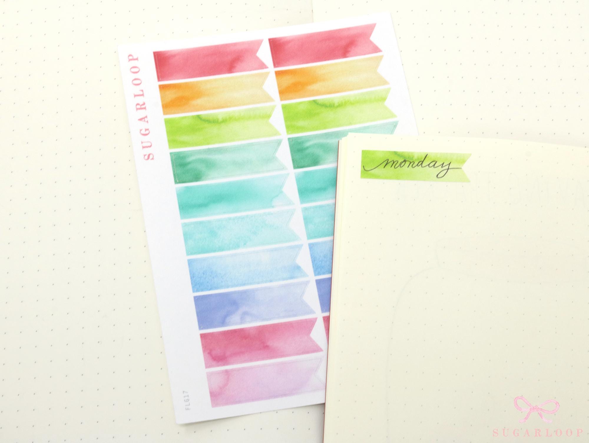 Writable, Watercolor, Bright Banner Planner Stickers: approx 10 mm (0.3 in) tall by 35 mm (1.3 in) wide