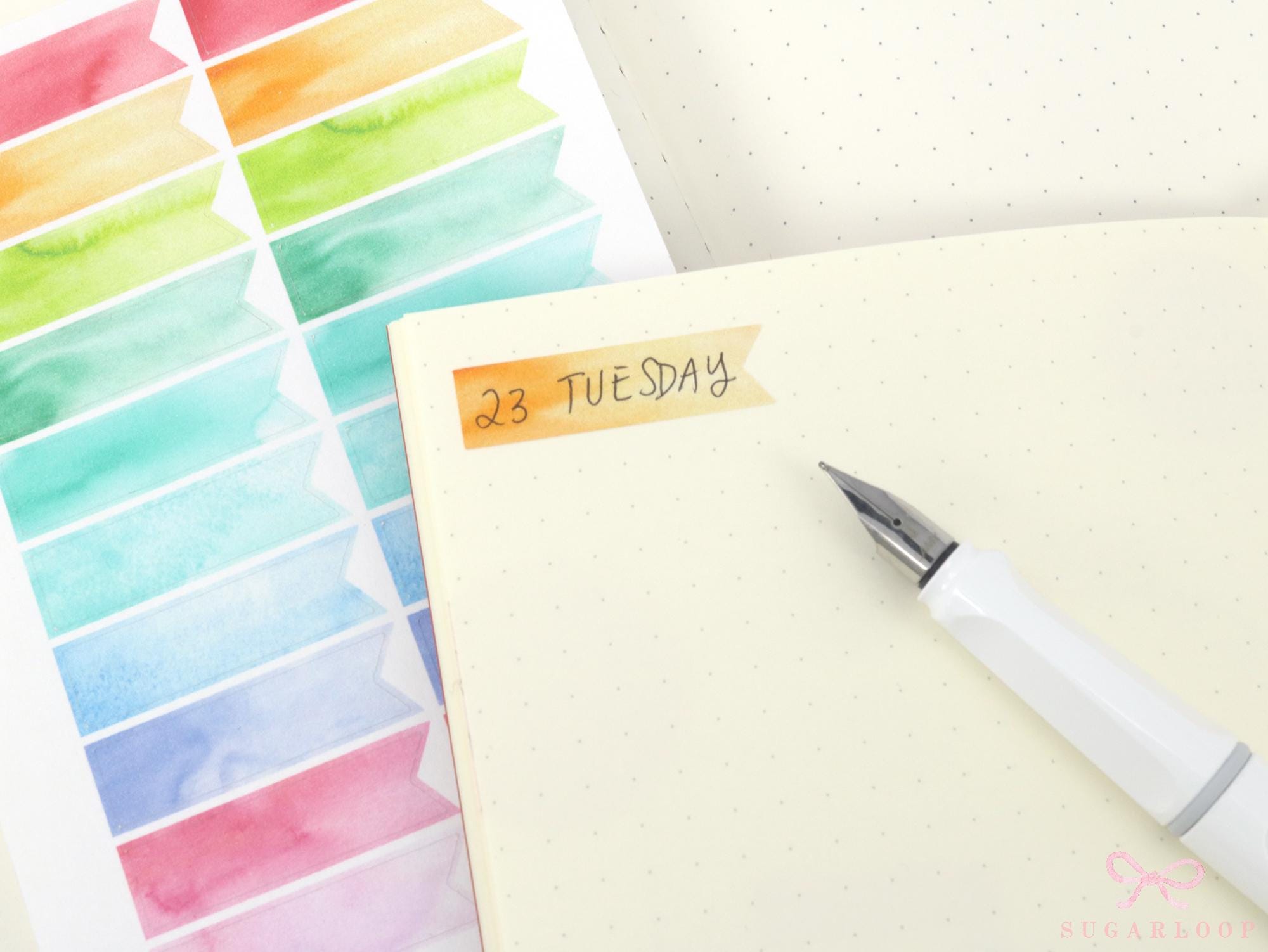 Writable, Watercolor, Bright Banner Planner Stickers: approx 10 mm (0.3 in) tall by 35 mm (1.3 in) wide