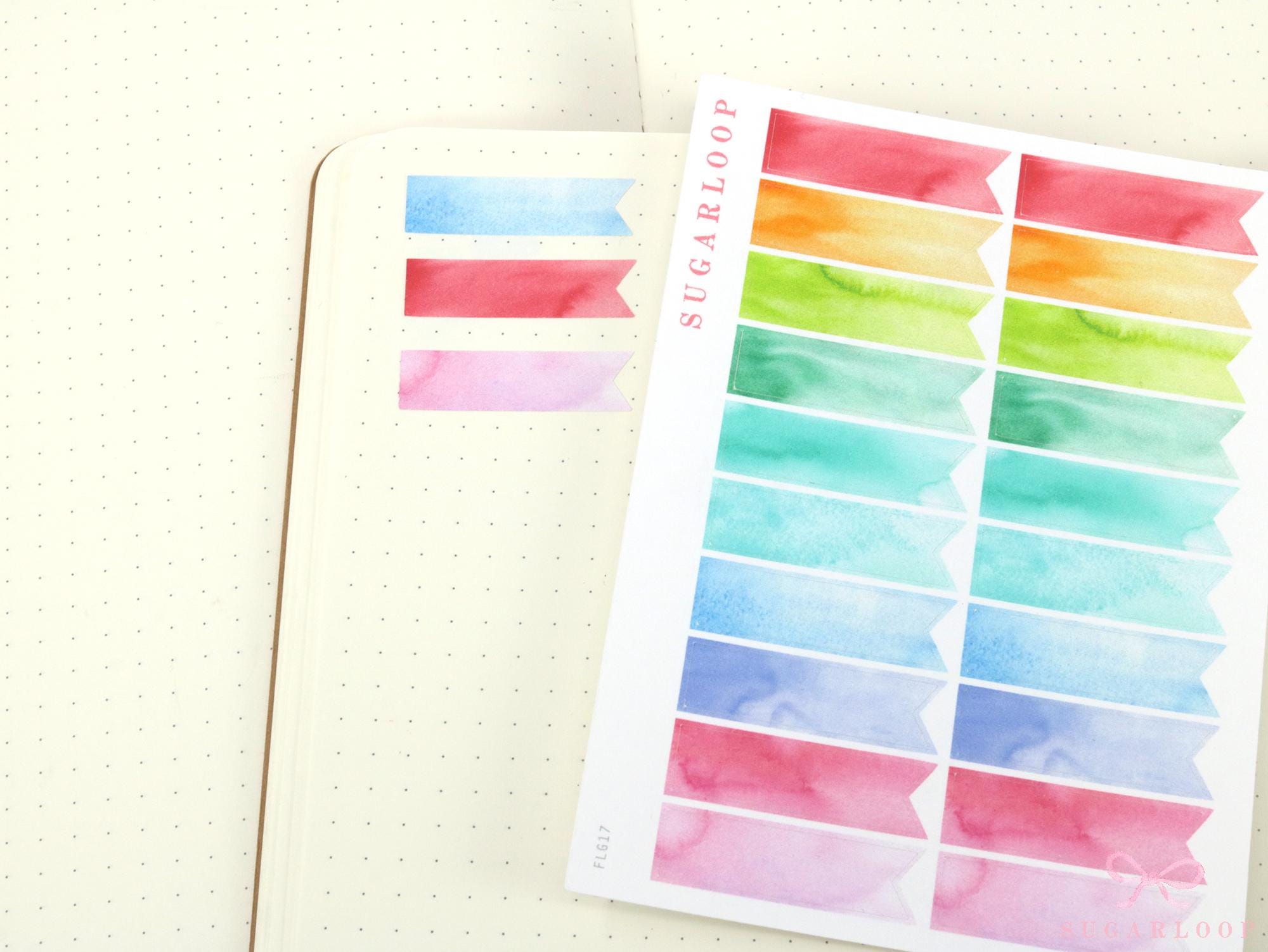 Writable, Watercolor, Bright Banner Planner Stickers: approx 10 mm (0.3 in) tall by 35 mm (1.3 in) wide