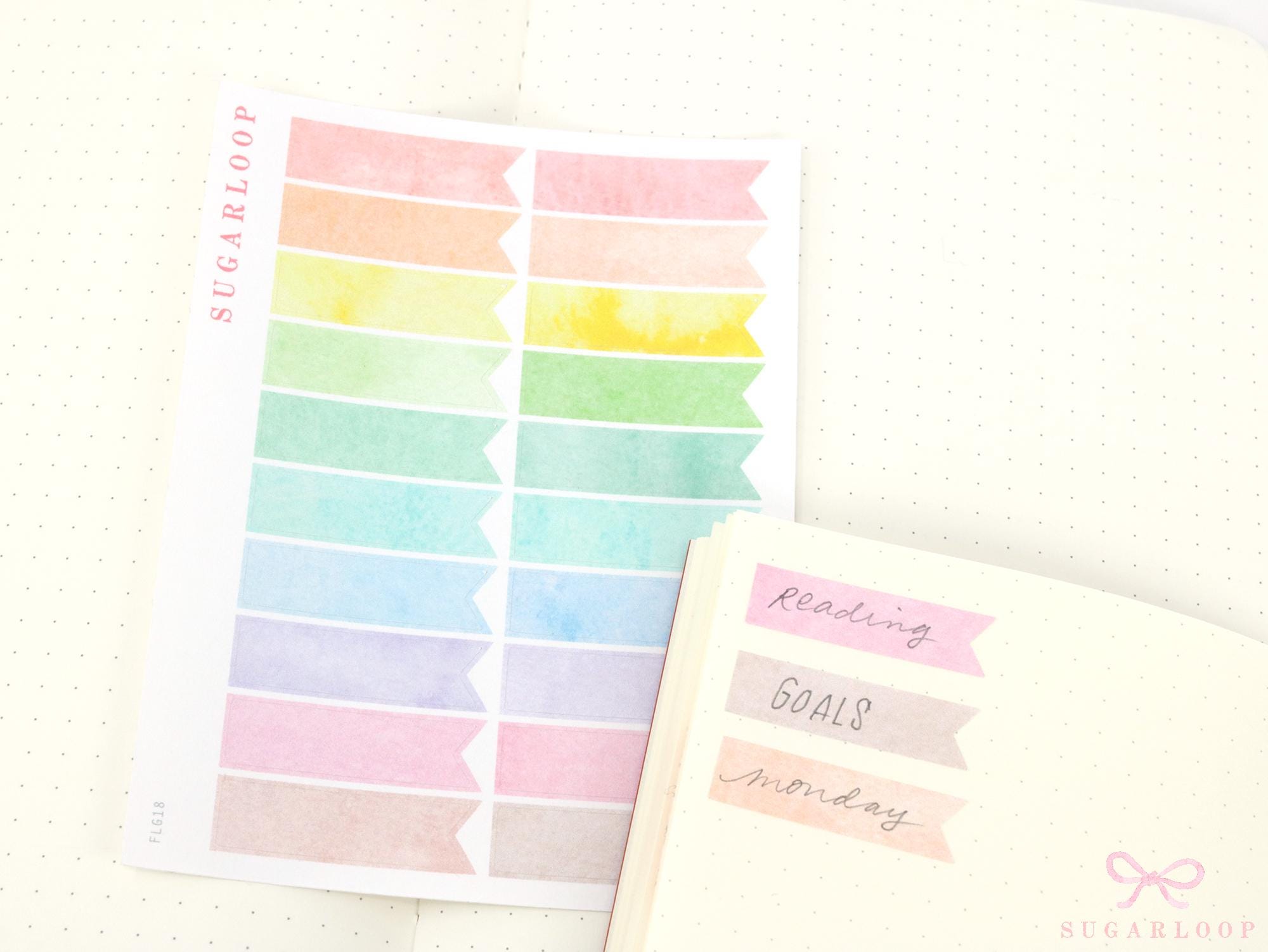 Writable, Watercolor, Pastel Banner Planner Stickers: 10 mm (0.3 in) tall by 35 mm (1.25 in) wide