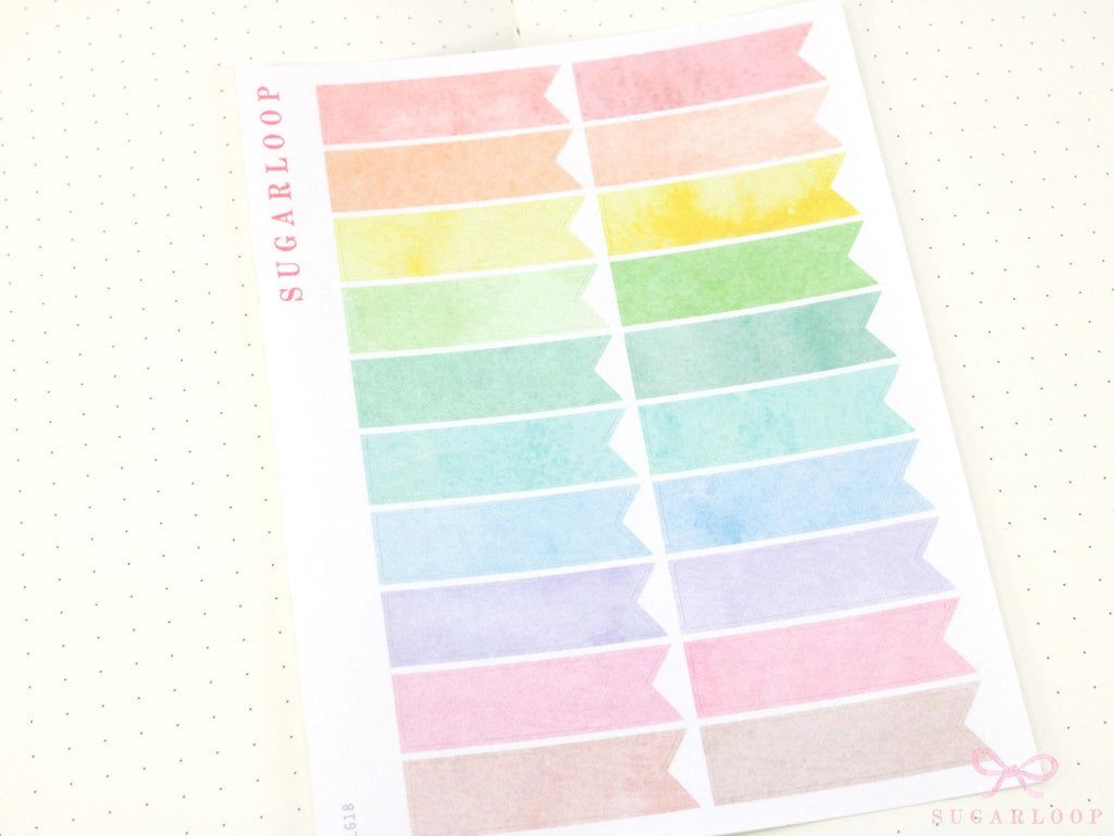 Pastel Watercolor Banner Flag Label Planner & Bujo Stickers: 0.5in (12 mm) Tall