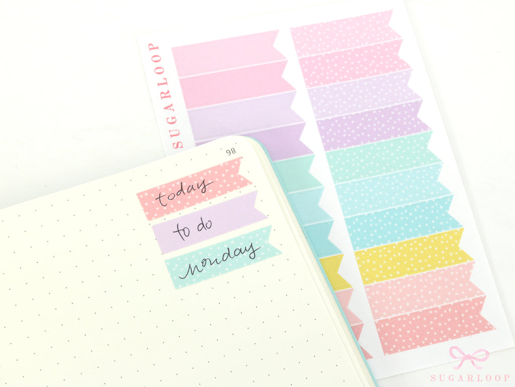 Pastel Polka Dot Planner and Journal Stickers: Banner Flag Labels, Journaling, Vertical Planning Stickers