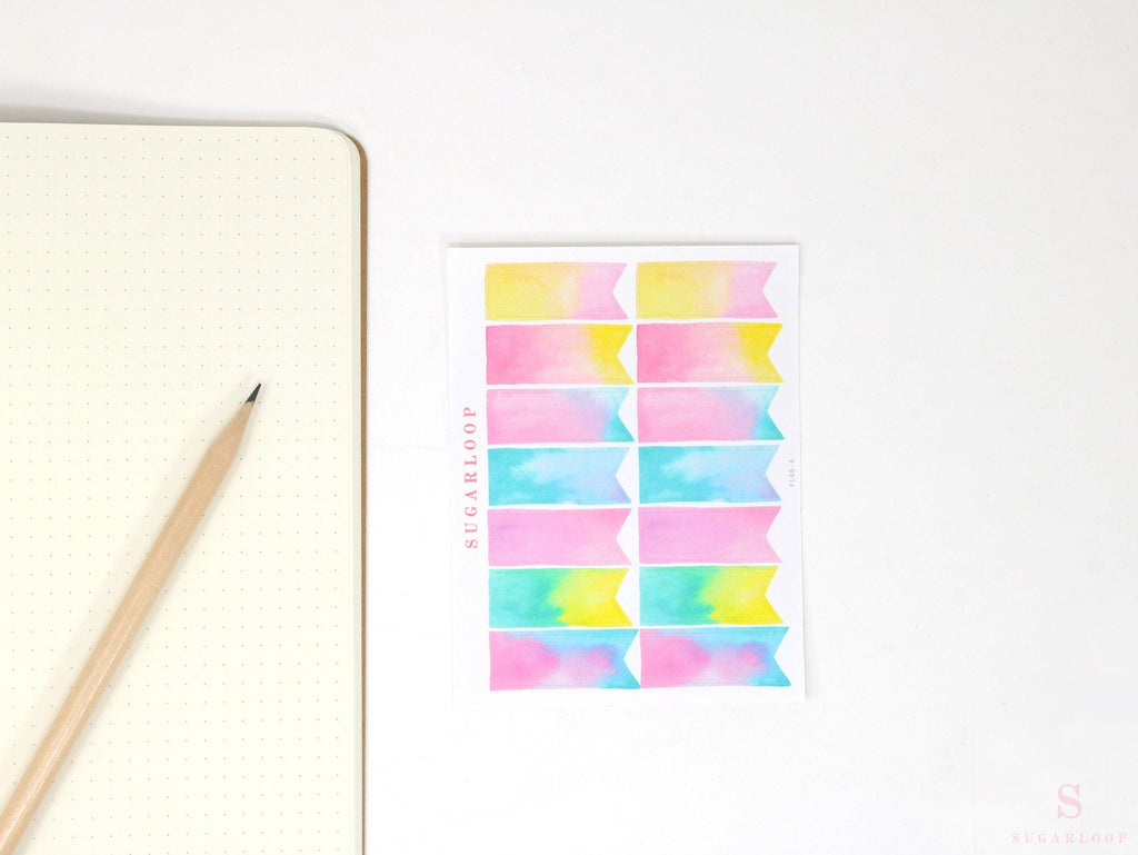 Watercolor Quarter Box Flag Label Bujo Planner Stickers: 0.5in (12 mm) Tall