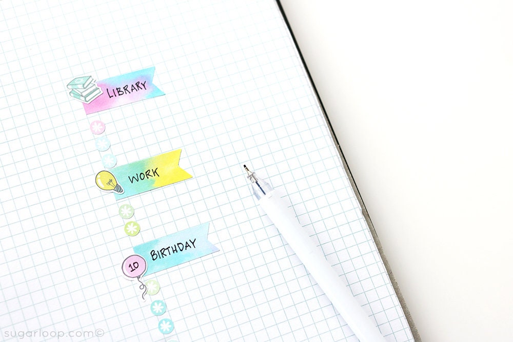 Watercolor Quarter Box Flag Label Bujo Planner Stickers: 0.5in (12 mm) Tall
