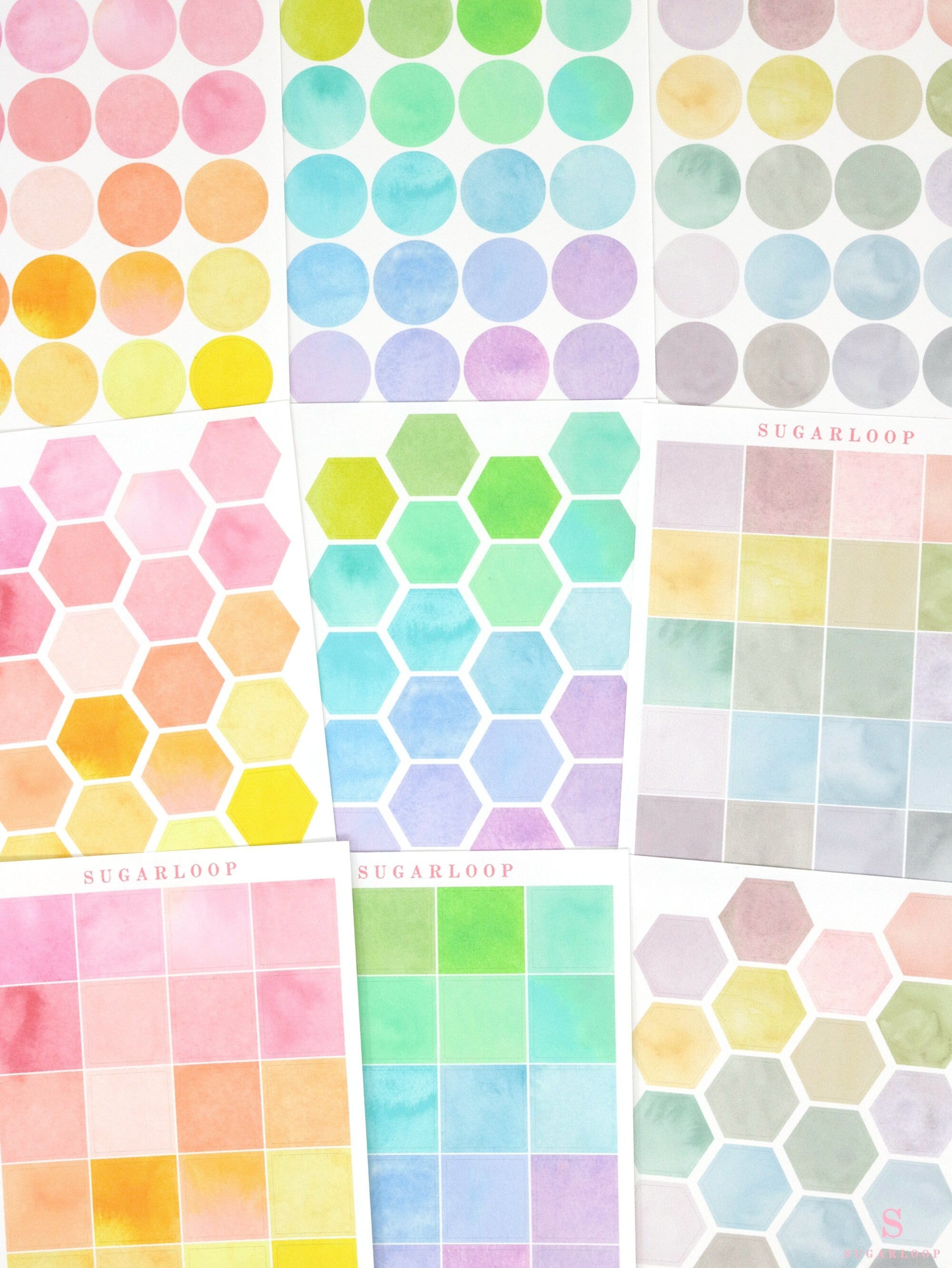 Watercolor Dot Hexagon Square Bujo Planner Stickers: 3/4 inch (19 mm)