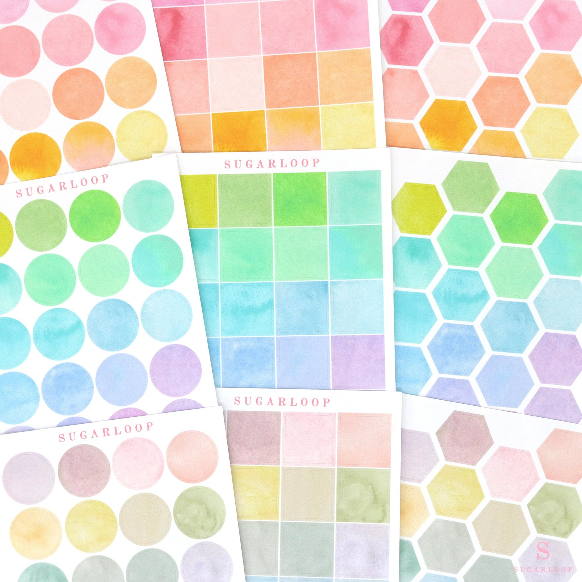 Watercolor Dot Hexagon Square Bujo Planner Stickers: 3/4 inch (19 mm)