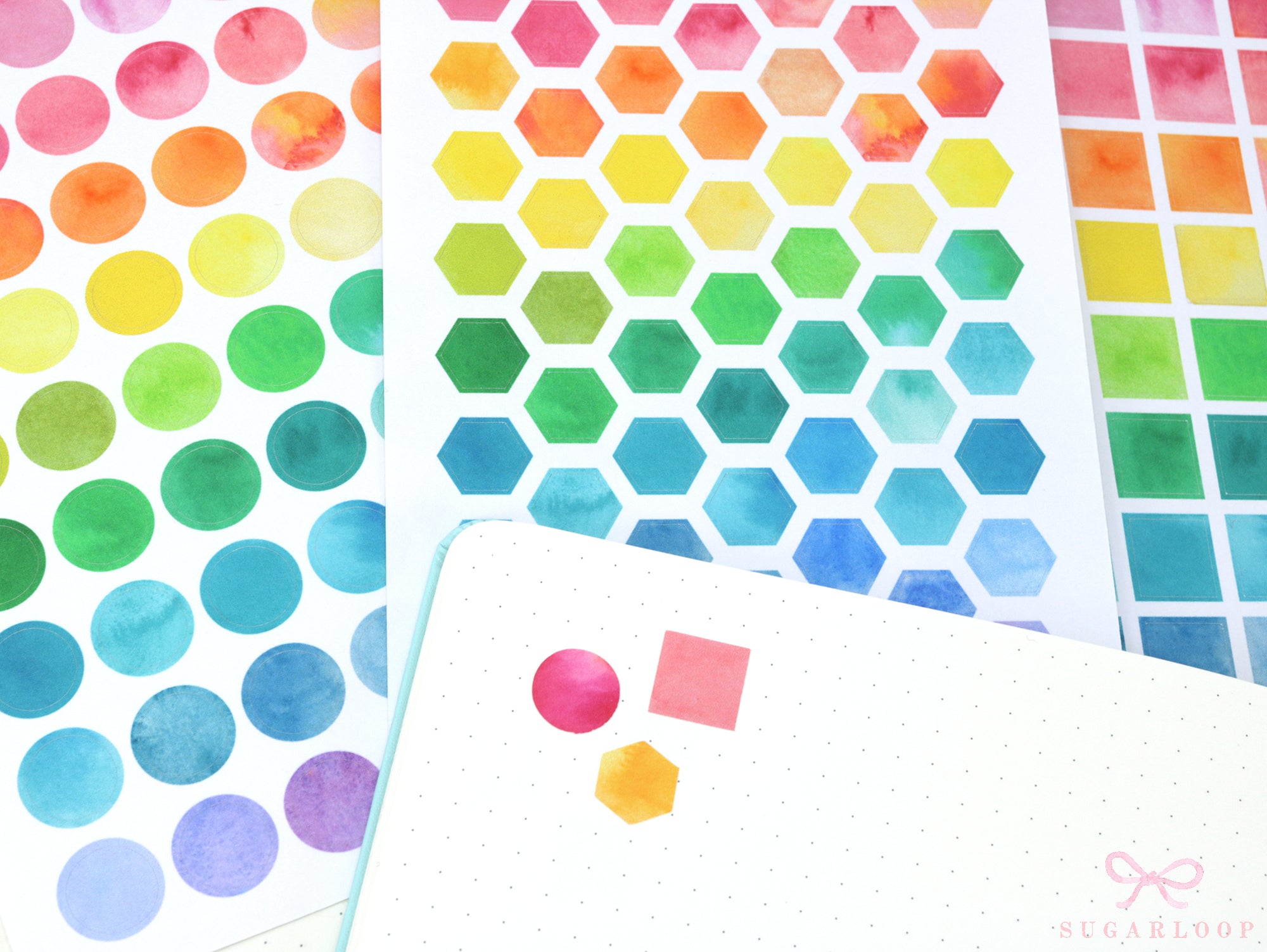 Watercolor Planner and Journal Stickers: Rainbow Hexagon  Dot  Square Labels