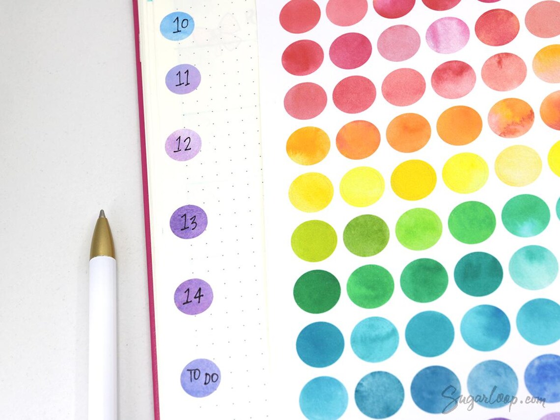 Watercolor Planner and Journal Stickers: Rainbow Hexagon  Dot  Square Labels