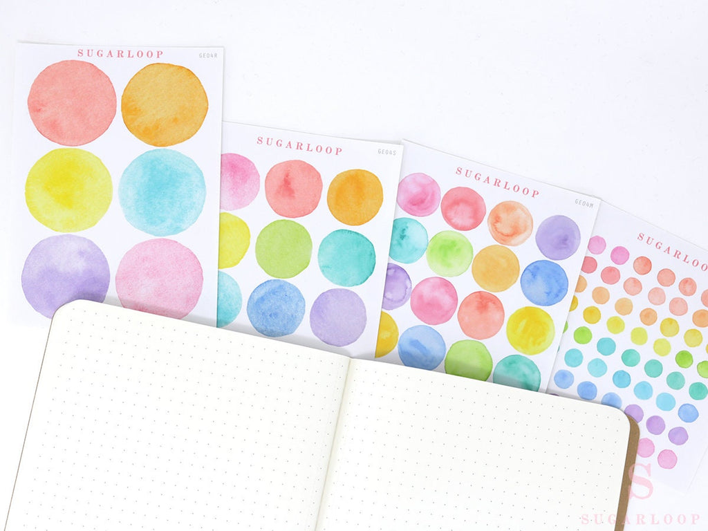 Watercolor Dot Round Circle Bujo Planner Stickers: Four Sizes