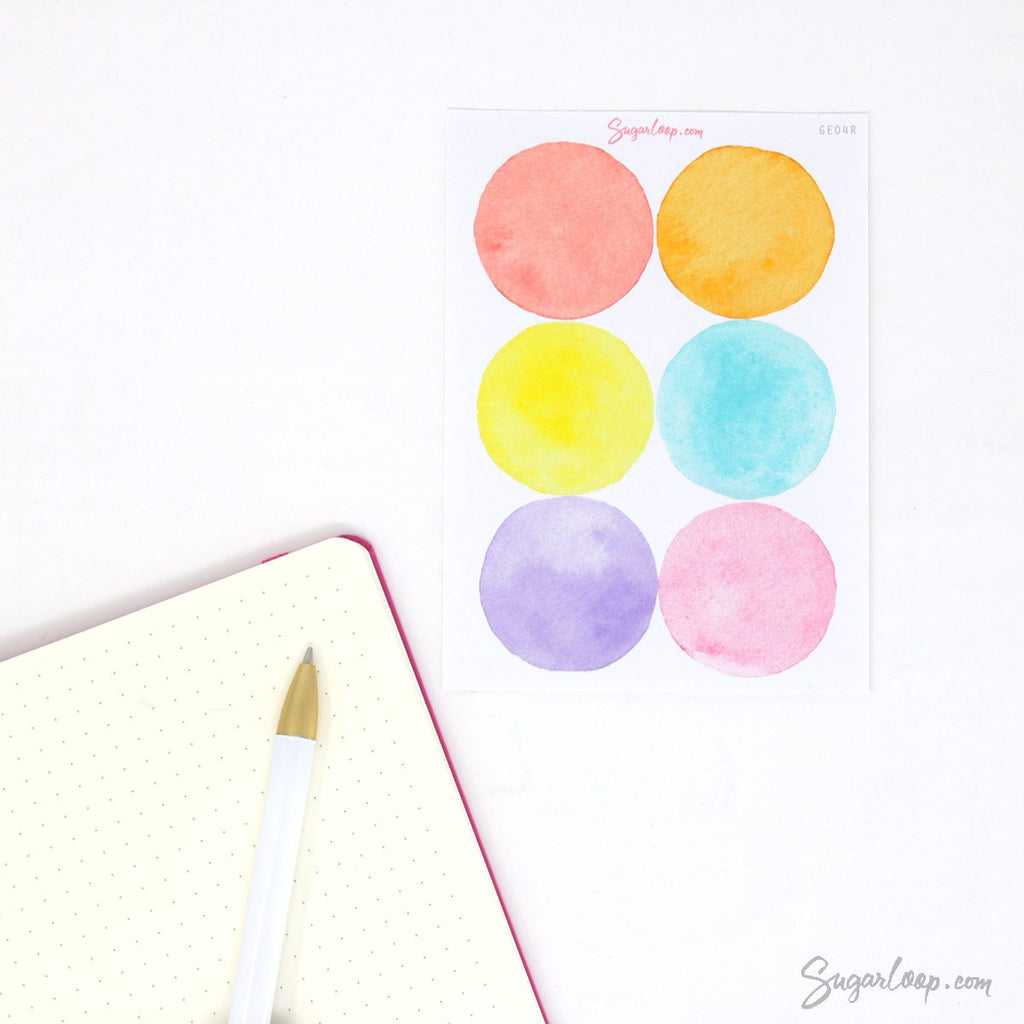 Watercolor Dot Round Circle Bujo Planner Stickers: Four Sizes