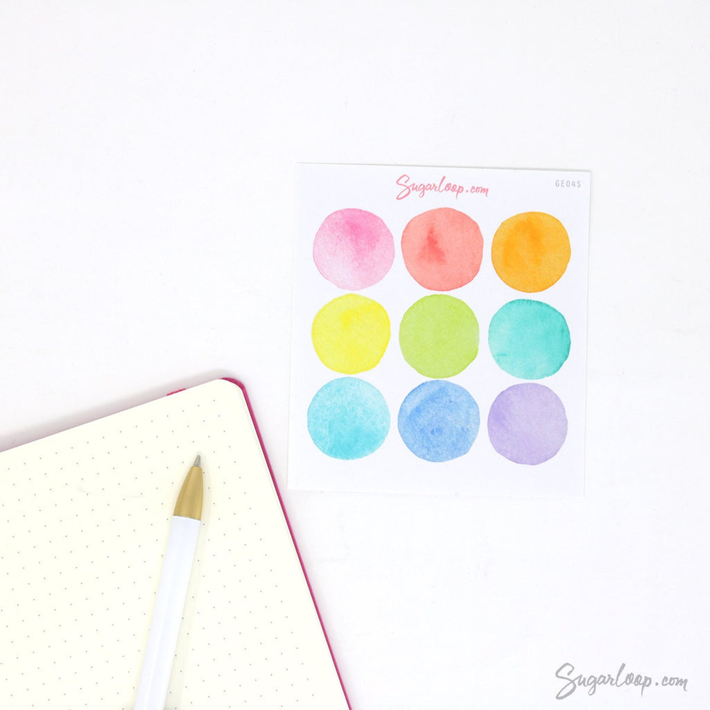 Watercolor Dot Round Circle Bujo Planner Stickers: Four Sizes