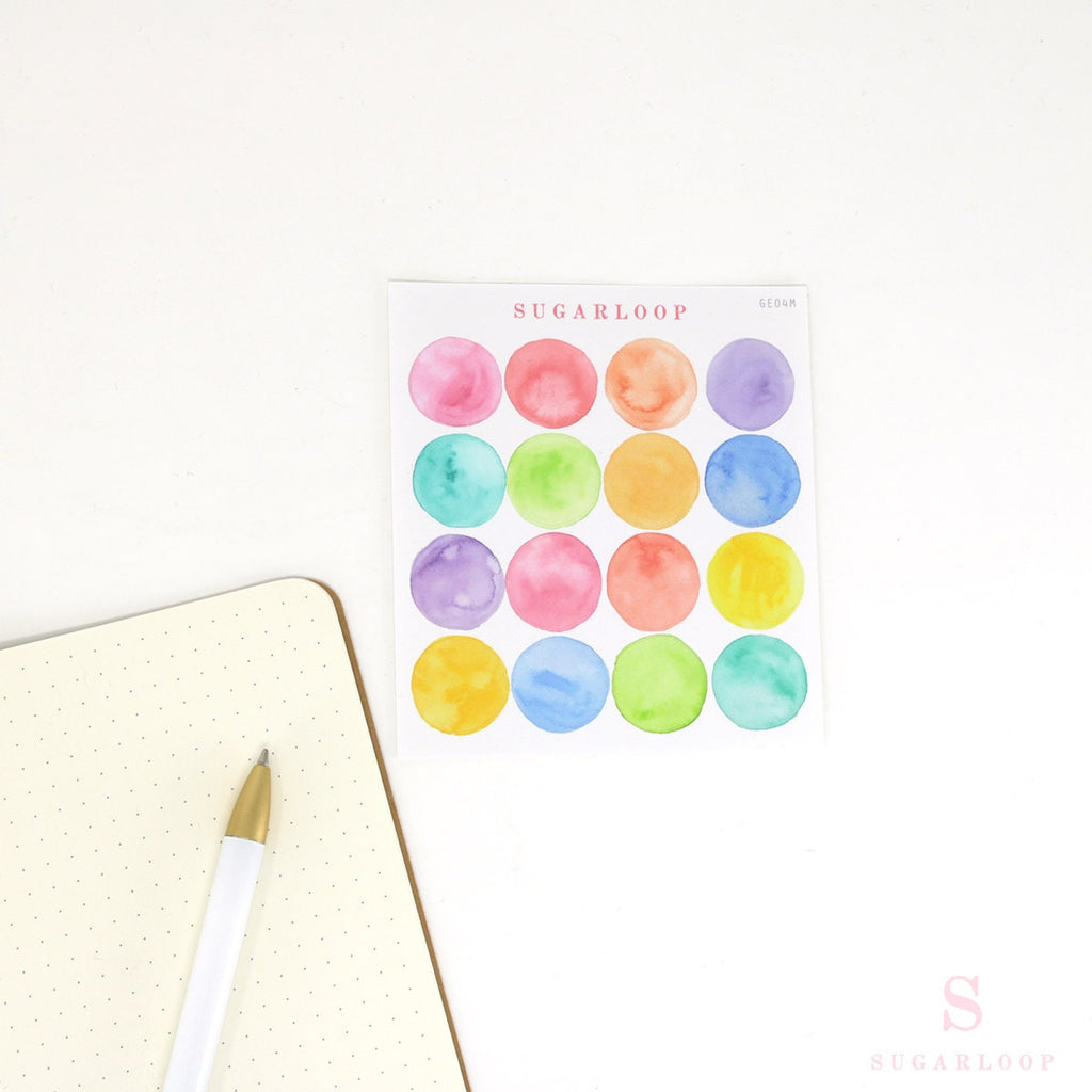 Watercolor Dot Round Circle Bujo Planner Stickers: Four Sizes
