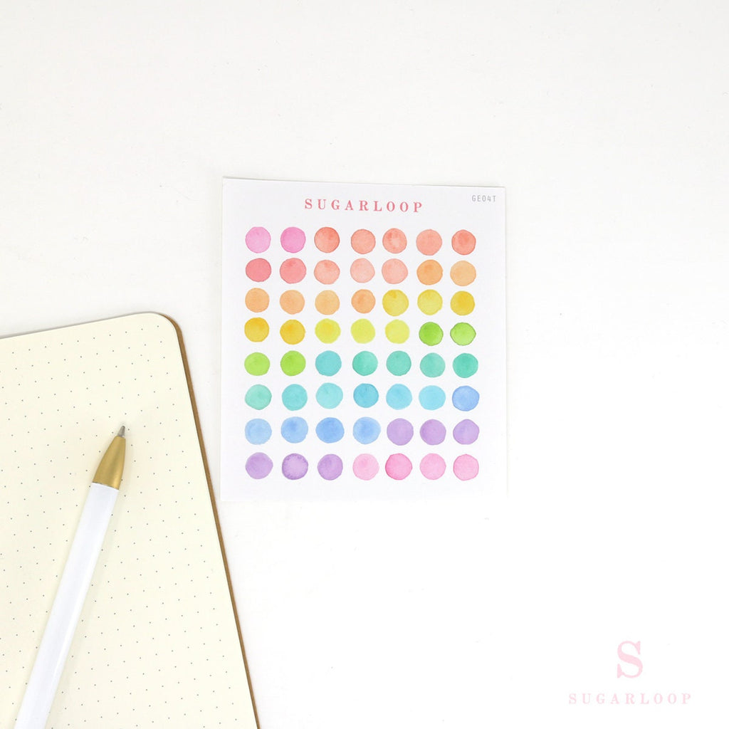 Watercolor Dot Round Circle Bujo Planner Stickers: Four Sizes
