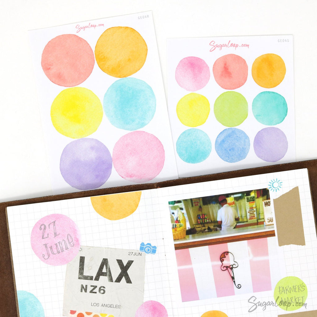 Watercolor Dot Round Circle Bujo Planner Stickers: Four Sizes