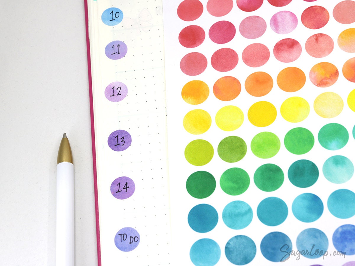 Watercolor Rainbow Dot Circle Bujo Planner Stickers: 0.5in (12 mm)