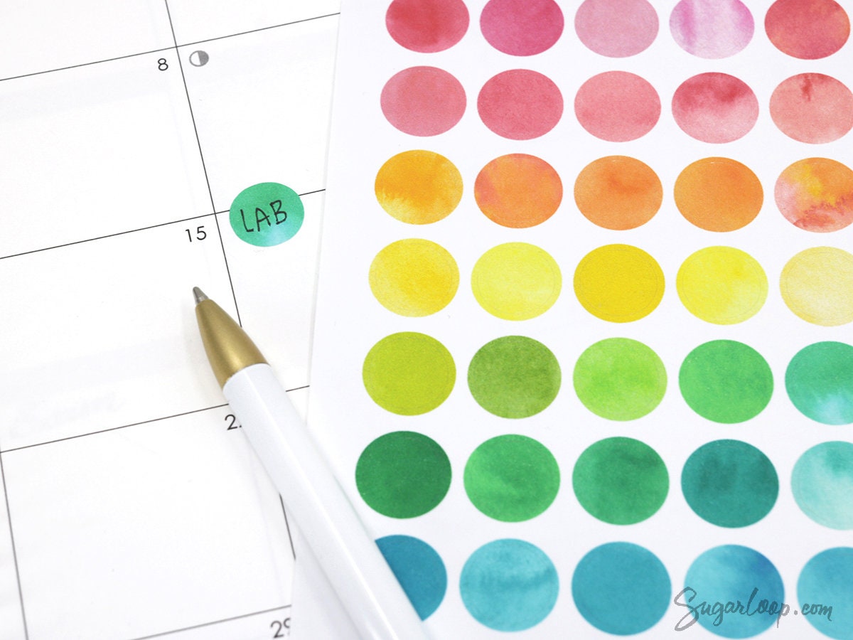 Watercolor Rainbow Dot Circle Bujo Planner Stickers: 0.5in (12 mm)