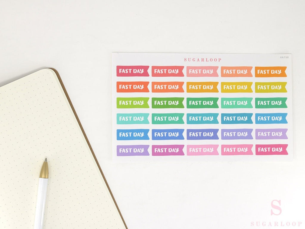 Fast Day Intermittent Fasting Brush Script Hand Lettered Banner Flag Stickers for Planners and Journals