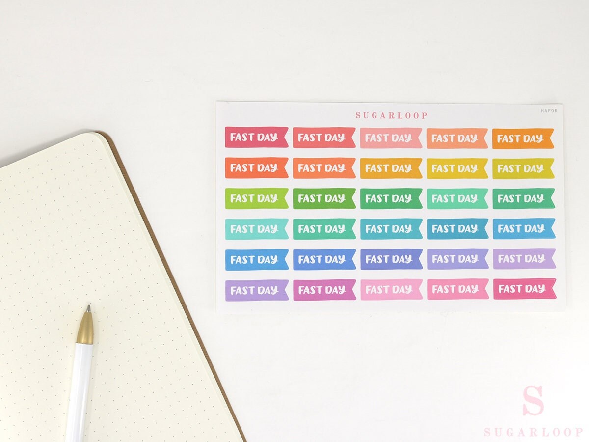 Fast Day Intermittent Fasting Brush Script Hand Lettered Banner Flag Stickers for Planners and Journals