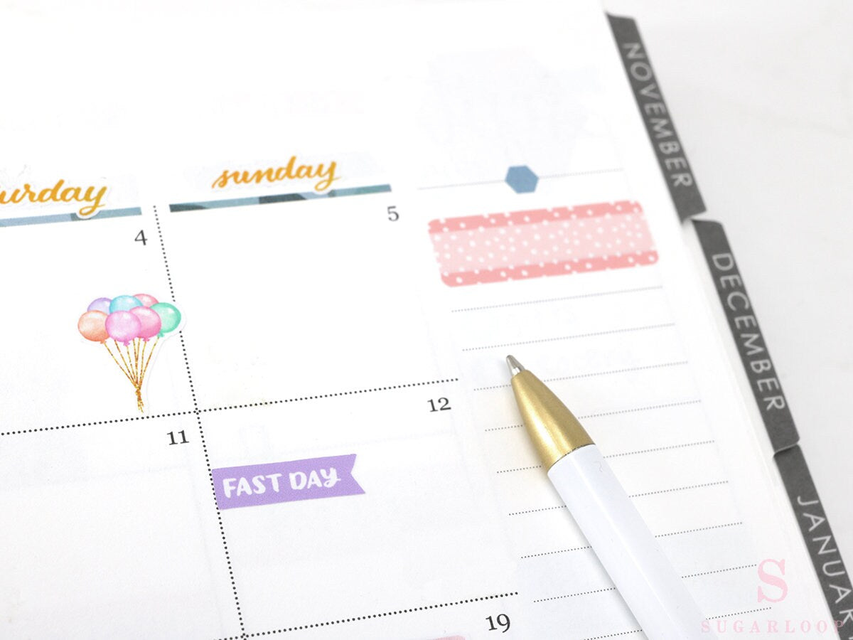 Fast Day Intermittent Fasting Brush Script Hand Lettered Banner Flag Stickers for Planners and Journals