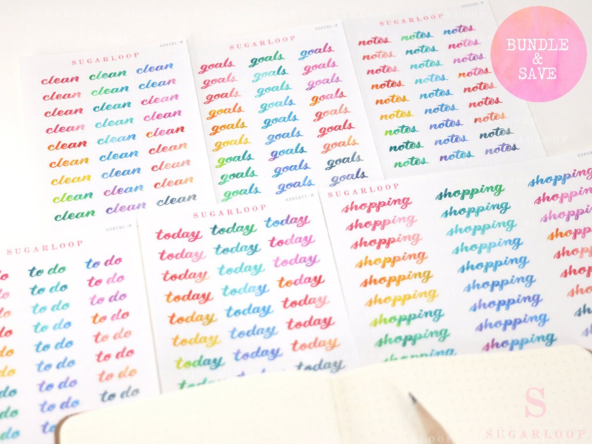 Clean Goals Notes Shopping To Do Today Bujo Header Planner Stickers: Rainbow Watercolor