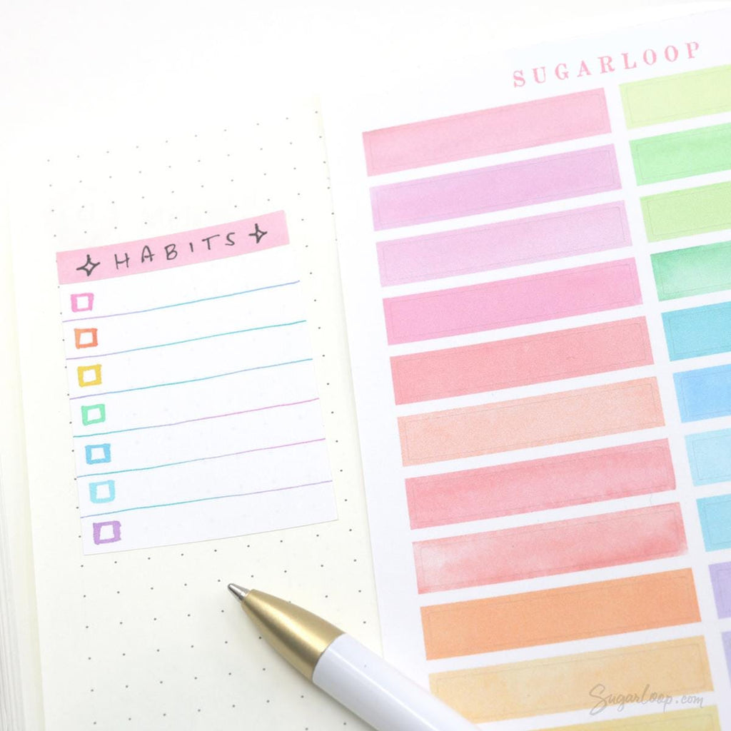 Header Title List Label Bujo Planner Stickers: 0.25in (6 mm) Tall Watercolor Pastel