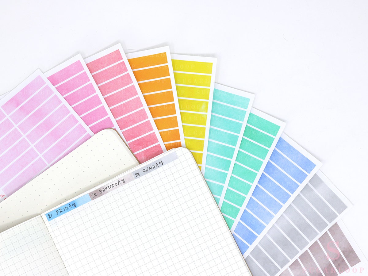 Watercolor Essentials Header Title Strip Label Bujo Planner Stickers: 0.25in (6 mm) Tall 27 Colors