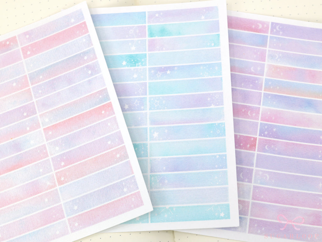 Whimsical Watercolor Moon & Stars Planner Stickers: 6 mm tall strips