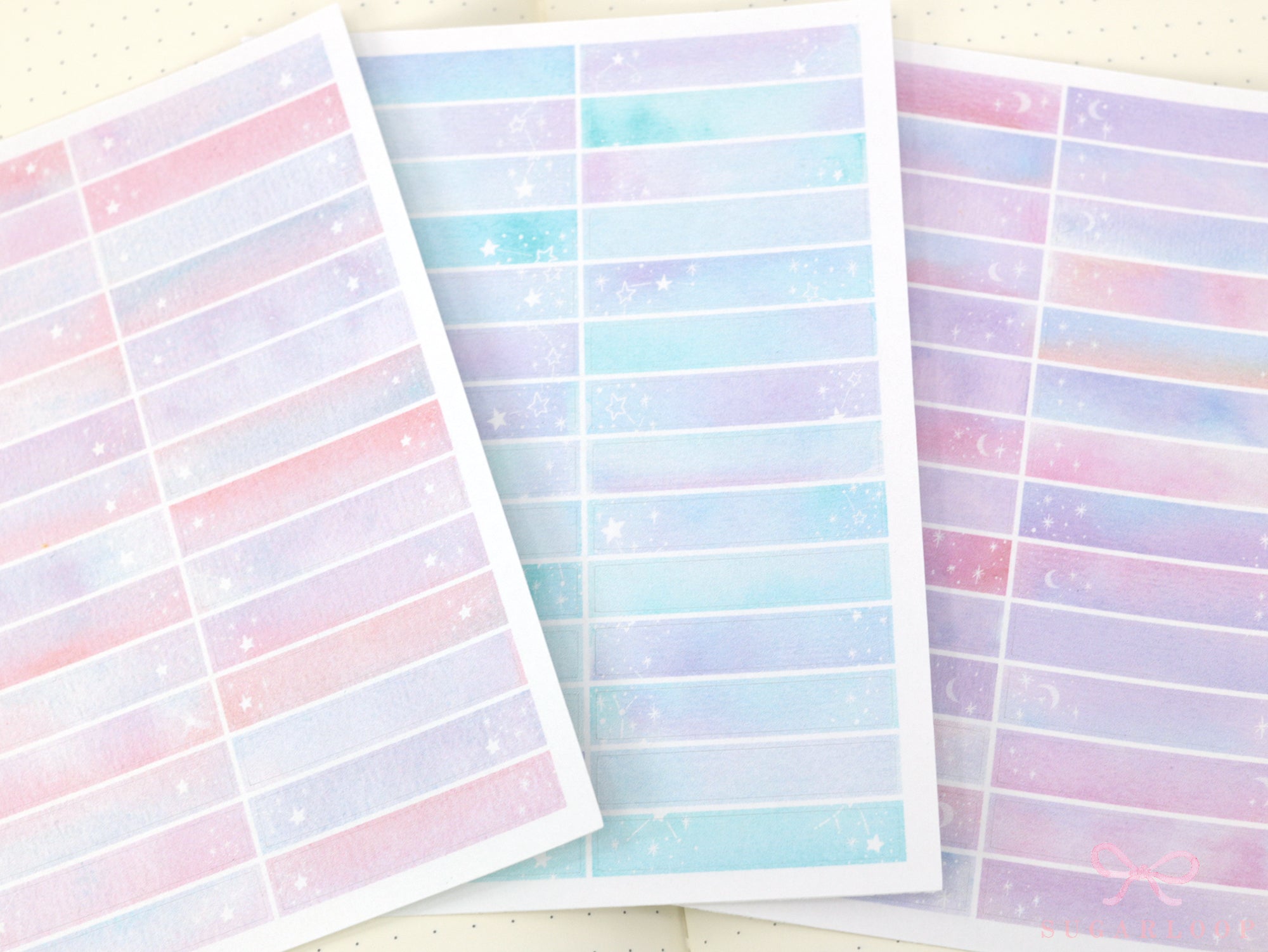 Whimsical Watercolor Moon & Stars Planner Stickers: 6 mm tall strips
