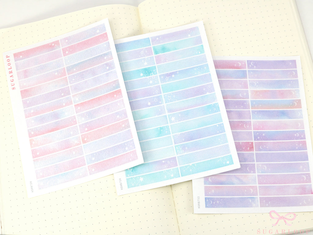 Whimsical Watercolor Moon & Stars Planner Stickers: 6 mm tall strips