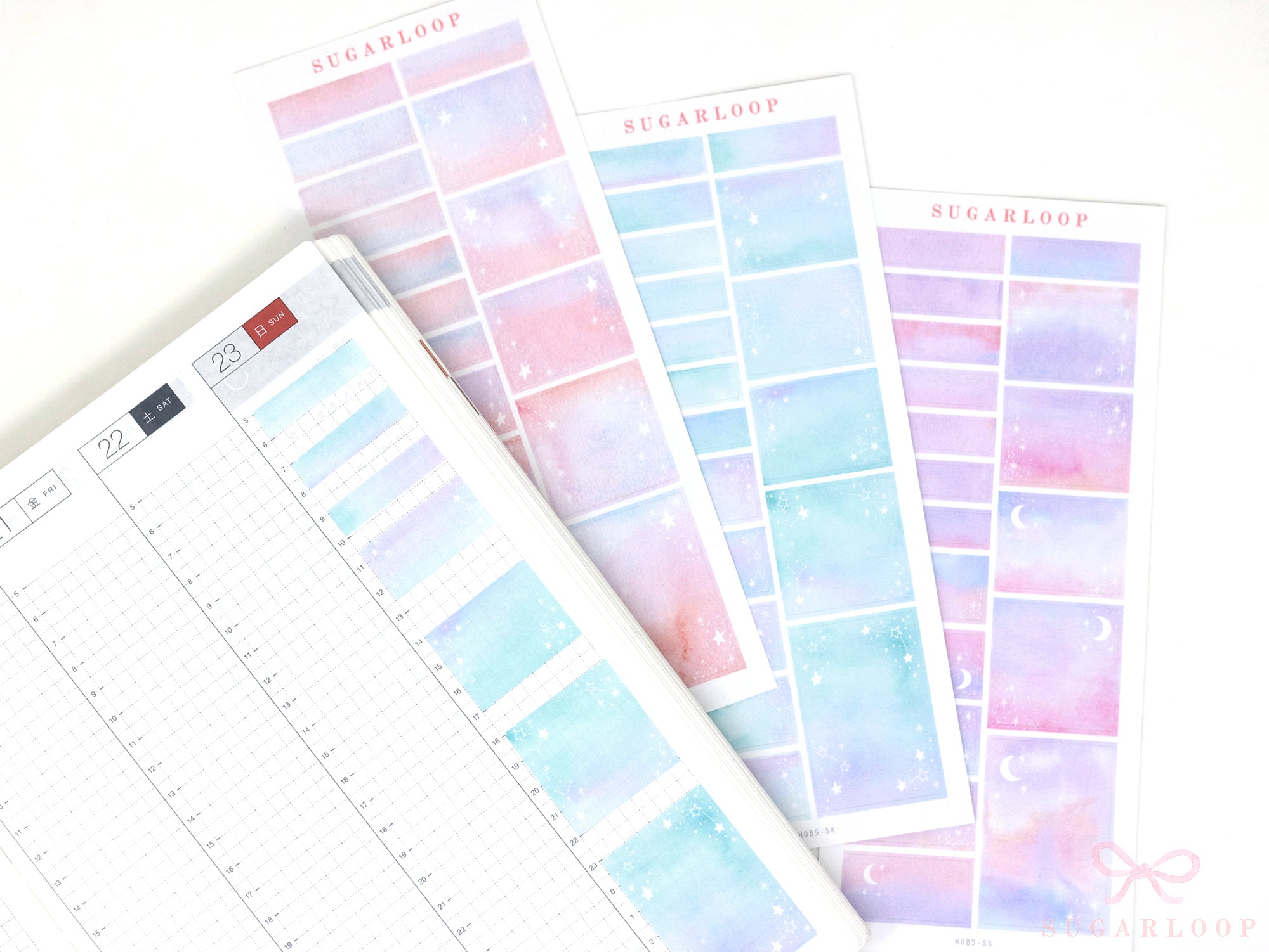 Hobonichi Cousin Hourly Time Blocks: Watercolor  Moon and Stars