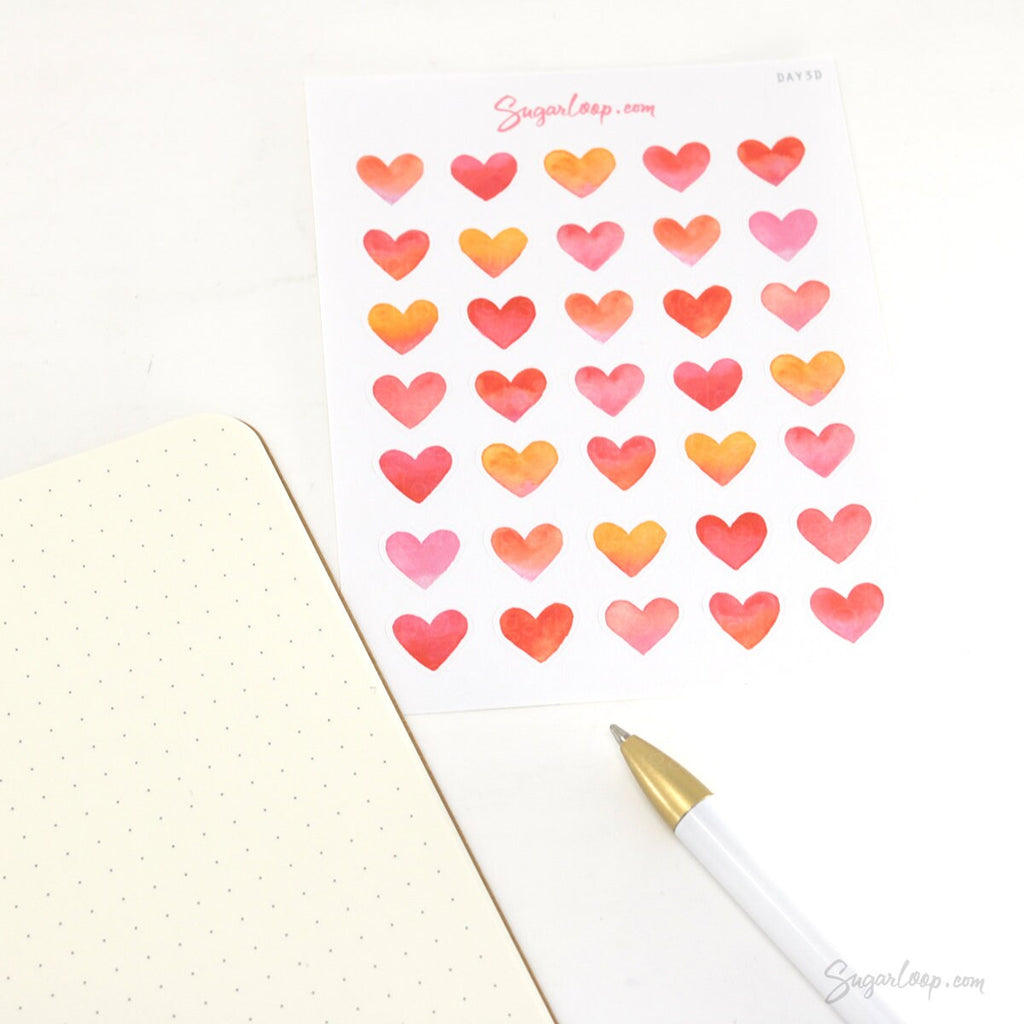Watercolor Heart Bujo Planner Stickers: 1in (25mm) 0.75in (19mm) 0.5in (12mm) 0.25in (6mm)