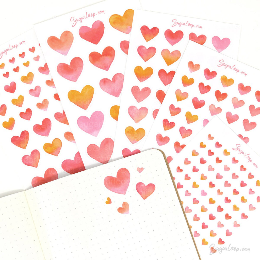 Watercolor Heart Bujo Planner Stickers: 1in (25mm) 0.75in (19mm) 0.5in (12mm) 0.25in (6mm)