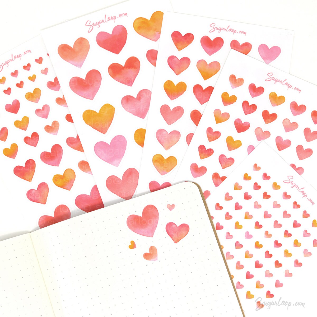 Watercolor Heart Bujo Planner Stickers: 1in (25mm) 0.75in (19mm) 0.5in (12mm) 0.25in (6mm)
