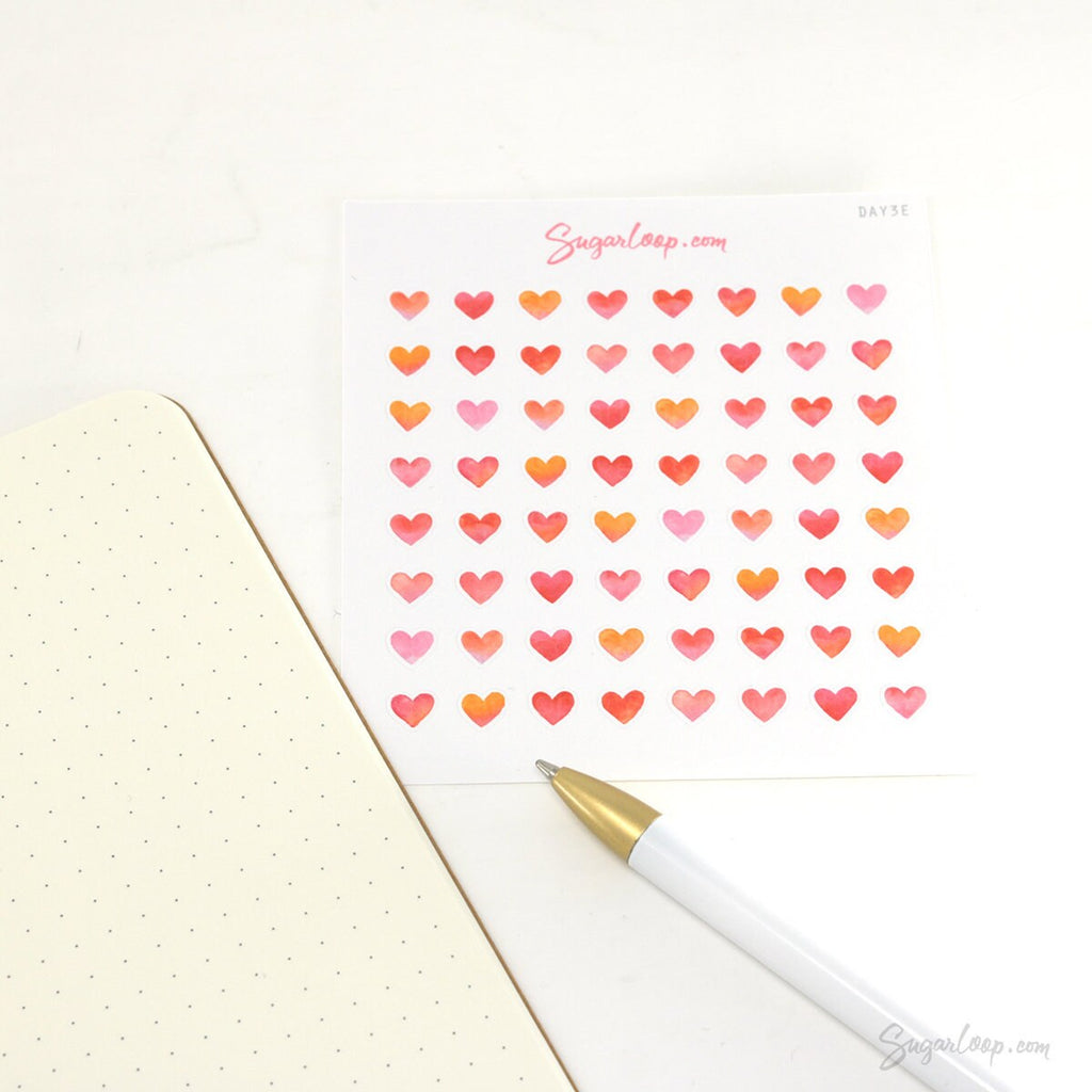 Watercolor Heart Bujo Planner Stickers: 1in (25mm) 0.75in (19mm) 0.5in (12mm) 0.25in (6mm)